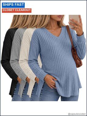 Maternity Long Sleeve Ribbed Knit Sweaters 4 Pack V-Neck Side Slit